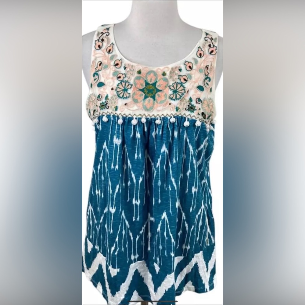 Anthropologie FLOREAT Top Women's Sz XS Embroidered Boho PomPom Sleeveless Tunic